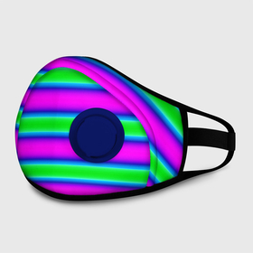 Маска из неопрена с принтом Зеленый и фиолетовые яркие неоновые полосы striped pattern в Рязани, неопрен 100% | Форма огибающая нос. Резинки для ушей с дополнительной резинкой на затылке. Клапан для выдоха для активного дыхания при занятиях спортом. Эластичный материал маски и окантовки для лучшего растяжения и прилегания маски.  | Тематика изображения на принте: modern | neon | striped pattern | горизонтальные полоы | зеленые полосы | полосатый узор | фиолетовые полосы
