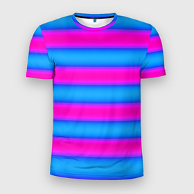 Мужская футболка 3D Slim с принтом striped pattern яркий неоновый полосатый узор в Санкт-Петербурге, 100% полиэстер с улучшенными характеристиками | приталенный силуэт, круглая горловина, широкие плечи, сужается к линии бедра | neon | striped pattern | горизонтальные полосы | полосатый узор | розовые полосы | синие полосы