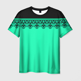 Мужская футболка 3D с принтом Черные кружева на ярком неоновом зеленом фоне lace pattern в Новосибирске, 100% полиэфир | прямой крой, круглый вырез горловины, длина до линии бедер | decoration | lace pattern | зеленый неоновый | кружевной узор | неоновый фон | черное кружево