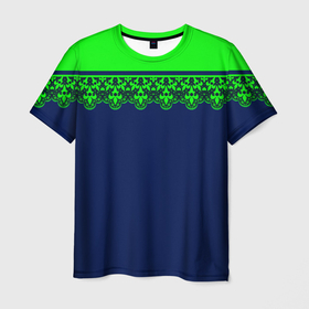 Мужская футболка 3D с принтом Green Lace Зеленое кружево на темном синем фоне в Новосибирске, 100% полиэфир | прямой крой, круглый вырез горловины, длина до линии бедер | decoration | green lace | lace | lace pattern | зеленое кружево | модный | синий