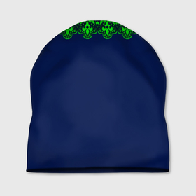 Шапка 3D с принтом Green Lace Зеленое кружево на темном синем фоне в Кировске, 100% полиэстер | универсальный размер, печать по всей поверхности изделия | decoration | green lace | lace | lace pattern | зеленое кружево | модный | синий