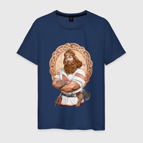 Мужская футболка хлопок с принтом Славянский богатырь в Новосибирске, 100% хлопок | прямой крой, круглый вырез горловины, длина до линии бедер, слегка спущенное плечо. | богатырь | древность | коловрат | род | русь | символика | славяне