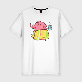 Мужская футболка хлопок Slim с принтом Слониха с кофе в Курске, 92% хлопок, 8% лайкра | приталенный силуэт, круглый вырез ворота, длина до линии бедра, короткий рукав | кофе | слон | слон в юбке | слоненок | слониха