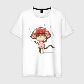 Мужская футболка хлопок с принтом Кот в шляпе гриба в Санкт-Петербурге, 100% хлопок | прямой крой, круглый вырез горловины, длина до линии бедер, слегка спущенное плечо. | гриб | грибник | кот | котенок | котик | кошка | шляпка гриба