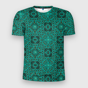 Мужская футболка 3D Slim с принтом Зеленые классические фигуры в Новосибирске, 100% полиэстер с улучшенными характеристиками | приталенный силуэт, круглая горловина, широкие плечи, сужается к линии бедра | абстракция | бутоны | геометрия | узор | узоры | цветы
