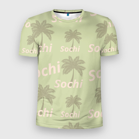 Мужская футболка 3D Slim с принтом Пальмы на салатном фоне palm trees text в Белгороде, 100% полиэстер с улучшенными характеристиками | приталенный силуэт, круглая горловина, широкие плечи, сужается к линии бедра | palm | sea | sochi | море | отдых | пальма | пальмы | сочи | текст | турист | чорное море