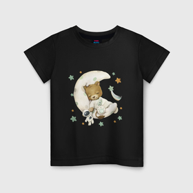 Детская футболка хлопок с принтом Львенок спит на луне в Екатеринбурге, 100% хлопок | круглый вырез горловины, полуприлегающий силуэт, длина до линии бедер | Тематика изображения на принте: unique | для мальчиков | звезды | космонавт | космос | лев | львенок
