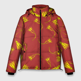Мужская зимняя куртка 3D с принтом Золотой узор на красном фоне в Новосибирске, верх — 100% полиэстер; подкладка — 100% полиэстер; утеплитель — 100% полиэстер | длина ниже бедра, свободный силуэт Оверсайз. Есть воротник-стойка, отстегивающийся капюшон и ветрозащитная планка. 

Боковые карманы с листочкой на кнопках и внутренний карман на молнии. | градиент | золотой | красный | орнамент | симметрия | цветы