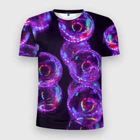 Мужская футболка 3D Slim с принтом Неоновые сюрреалистичные пузыри   Фиолетовый в Тюмени, 100% полиэстер с улучшенными характеристиками | приталенный силуэт, круглая горловина, широкие плечи, сужается к линии бедра | Тематика изображения на принте: abstraction | art | artwork | bubbles | colorful | colors | dark | darkness | graphics | neon | surrealism | абстракция | арт | графика | искусство | неон | пузыри | разноцветный | сюрреализм | темнота | тьма | цвета