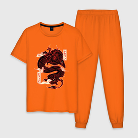 Мужская пижама хлопок с принтом Японский красный Дракон   JAPAN Dragon в Курске, 100% хлопок | брюки и футболка прямого кроя, без карманов, на брюках мягкая резинка на поясе и по низу штанин
 | Тематика изображения на принте: china | dragon | dragons | japan | samurai | иероглифы | китай | самурай | эстетика | япония