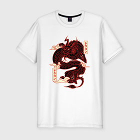 Мужская футболка хлопок Slim с принтом Японский красный Дракон   JAPAN Dragon в Новосибирске, 92% хлопок, 8% лайкра | приталенный силуэт, круглый вырез ворота, длина до линии бедра, короткий рукав | Тематика изображения на принте: china | dragon | dragons | japan | samurai | иероглифы | китай | самурай | эстетика | япония