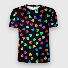 Мужская футболка 3D Slim с принтом Сердечки разноцветные на черном в Санкт-Петербурге, 100% полиэстер с улучшенными характеристиками | приталенный силуэт, круглая горловина, широкие плечи, сужается к линии бедра | любовь | разноцветные | сердечки | сердца | цветные | яркий принт