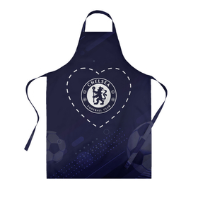 Фартук 3D с принтом Лого Chelsea в сердечке на фоне мячей в Ухте, 100% полиэстер | общий размер — 65 х 85 см, ширина нагрудника — 26 см, горловина — 53 см, длина завязок — 54 см, общий обхват в поясе — 173 см. Принт на завязках и на горловине наносится с двух сторон, на основной части фартука — только с внешней стороны | 