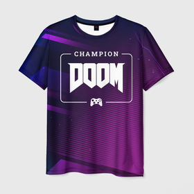 Мужская футболка 3D с принтом Doom Gaming Champion: рамка с лого и джойстиком на неоновом фоне в Белгороде, 100% полиэфир | прямой крой, круглый вырез горловины, длина до линии бедер | Тематика изображения на принте: champion | doom | logo | дум | игра | игры | краска | лого | логотип | символ
