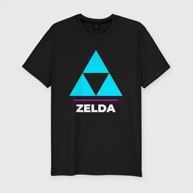 Мужская футболка хлопок Slim с принтом Символ Zelda в неоновых цветах , 92% хлопок, 8% лайкра | приталенный силуэт, круглый вырез ворота, длина до линии бедра, короткий рукав | legend | logo | neon | the | zelda | зельда | игра | игры | легенд | лого | логотип | неон | символ