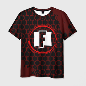 Мужская футболка 3D с принтом Символ Fortnite и краска вокруг на темном фоне , 100% полиэфир | прямой крой, круглый вырез горловины, длина до линии бедер | fortnite | logo | paint | брызги | игра | игры | краска | лого | логотип | символ | фортнайт