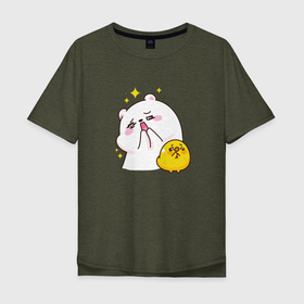 Мужская футболка хлопок Oversize с принтом Медведь и цыпа в Белгороде, 100% хлопок | свободный крой, круглый ворот, “спинка” длиннее передней части | Тематика изображения на принте: дружба | медведь | милота | позитив | просьба | цыпленок
