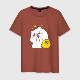 Мужская футболка хлопок с принтом Медведь и цыпа в Екатеринбурге, 100% хлопок | прямой крой, круглый вырез горловины, длина до линии бедер, слегка спущенное плечо. | дружба | медведь | милота | позитив | просьба | цыпленок