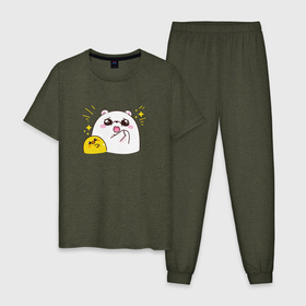 Мужская пижама хлопок с принтом Цыпа и медведь в Тюмени, 100% хлопок | брюки и футболка прямого кроя, без карманов, на брюках мягкая резинка на поясе и по низу штанин
 | животное | медведь | милота | позитив | цыпленок | юмор
