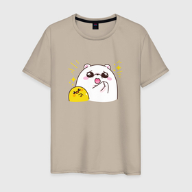 Мужская футболка хлопок с принтом Цыпа и медведь в Тюмени, 100% хлопок | прямой крой, круглый вырез горловины, длина до линии бедер, слегка спущенное плечо. | Тематика изображения на принте: животное | медведь | милота | позитив | цыпленок | юмор