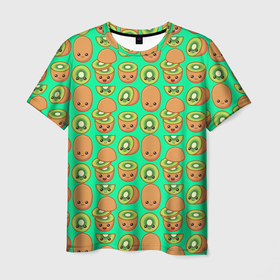 Мужская футболка 3D с принтом POSITIVE KIWI FRUIT в Белгороде, 100% полиэфир | прямой крой, круглый вырез горловины, длина до линии бедер | brown | colored | fruit | green | kiwi | зеленый | киви | коричневый | плоды | фрукт | цветной