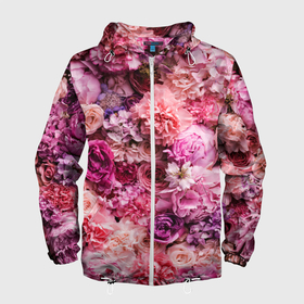 Мужская ветровка 3D с принтом BOUQUET OF VARIOUS FLOWERS в Тюмени, 100% полиэстер | подол и капюшон оформлены резинкой с фиксаторами, два кармана без застежек по бокам, один потайной карман на груди | carnations | flora | pink | plants | roses | spring | summer | весна | гвоздики | лето | растения | розовый | розы | флора