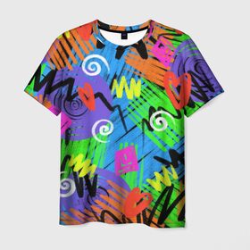 Мужская футболка 3D с принтом Яркий геометрический принт в Новосибирске, 100% полиэфир | прямой крой, круглый вырез горловины, длина до линии бедер | абстрактный | абстракция | геометрический | геометрия | карандаш | карандашный | квадрат | кислотный | круг | разноцветный | спираль | цветной | цветные карандаши | яркий