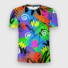 Мужская футболка 3D Slim с принтом Яркий геометрический принт , 100% полиэстер с улучшенными характеристиками | приталенный силуэт, круглая горловина, широкие плечи, сужается к линии бедра | абстрактный | абстракция | геометрический | геометрия | карандаш | карандашный | квадрат | кислотный | круг | разноцветный | спираль | цветной | цветные карандаши | яркий