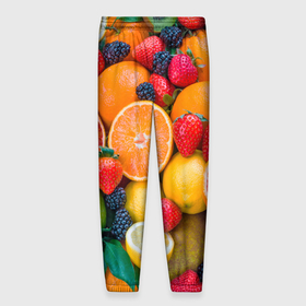 Мужские брюки 3D с принтом ABUNDANCE OF FRUITS в Петрозаводске, 100% полиэстер | манжеты по низу, эластичный пояс регулируется шнурком, по бокам два кармана без застежек, внутренняя часть кармана из мелкой сетки | colorful | fresh | grape | green | healthy | lemon | orange | pineapple | red | strawberry | summer | sweet | vegetarian | yellow | ананас | апельсин | вегетарианский | виноград | желтый | здоровый | зеленый | клубника | красный | красочный | лето | лимон
