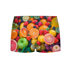 Мужские трусы 3D с принтом ABUNDANCE OF FRUITS в Кировске, 50% хлопок, 50% полиэстер | классическая посадка, на поясе мягкая тканевая резинка | Тематика изображения на принте: colorful | fresh | grape | green | healthy | lemon | orange | pineapple | red | strawberry | summer | sweet | vegetarian | yellow | ананас | апельсин | вегетарианский | виноград | желтый | здоровый | зеленый | клубника | красный | красочный | лето | лимон