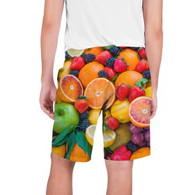 Мужские шорты 3D с принтом ABUNDANCE OF FRUITS в Тюмени,  полиэстер 100% | прямой крой, два кармана без застежек по бокам. Мягкая трикотажная резинка на поясе, внутри которой широкие завязки. Длина чуть выше колен | colorful | fresh | grape | green | healthy | lemon | orange | pineapple | red | strawberry | summer | sweet | vegetarian | yellow | ананас | апельсин | вегетарианский | виноград | желтый | здоровый | зеленый | клубника | красный | красочный | лето | лимон