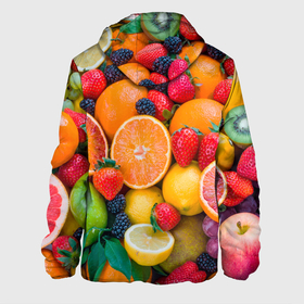 Мужская куртка 3D с принтом ABUNDANCE OF FRUITS в Тюмени, ткань верха — 100% полиэстер, подклад — флис | прямой крой, подол и капюшон оформлены резинкой с фиксаторами, два кармана без застежек по бокам, один большой потайной карман на груди. Карман на груди застегивается на липучку | colorful | fresh | grape | green | healthy | lemon | orange | pineapple | red | strawberry | summer | sweet | vegetarian | yellow | ананас | апельсин | вегетарианский | виноград | желтый | здоровый | зеленый | клубника | красный | красочный | лето | лимон