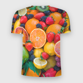 Мужская футболка 3D Slim с принтом ABUNDANCE OF FRUITS в Новосибирске, 100% полиэстер с улучшенными характеристиками | приталенный силуэт, круглая горловина, широкие плечи, сужается к линии бедра | colorful | fresh | grape | green | healthy | lemon | orange | pineapple | red | strawberry | summer | sweet | vegetarian | yellow | ананас | апельсин | вегетарианский | виноград | желтый | здоровый | зеленый | клубника | красный | красочный | лето | лимон
