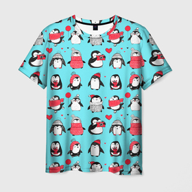 Мужская футболка 3D с принтом PENGUINS ON THE POSITIVE в Курске, 100% полиэфир | прямой крой, круглый вырез горловины, длина до линии бедер | animals | bird | black | charming | funny | kid | winter | животные | забавный | зима | малыш | очаровательный | птица | черный