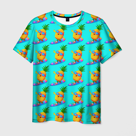 Мужская футболка 3D с принтом PINEAPPLE ON A SKATEBOARD в Екатеринбурге, 100% полиэфир | прямой крой, круглый вырез горловины, длина до линии бедер | colorful | cute | food | fruity | funny | green | happy | orange | summer | tropical | yellow | ананас | еда | желтый | забавный | зеленый | красочный | летний | милый | оранжевый | скейтборд | счастливый | тропический | фруктовый