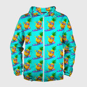Мужская ветровка 3D с принтом PINEAPPLE ON A SKATEBOARD в Тюмени, 100% полиэстер | подол и капюшон оформлены резинкой с фиксаторами, два кармана без застежек по бокам, один потайной карман на груди | Тематика изображения на принте: colorful | cute | food | fruity | funny | green | happy | orange | summer | tropical | yellow | ананас | еда | желтый | забавный | зеленый | красочный | летний | милый | оранжевый | скейтборд | счастливый | тропический | фруктовый
