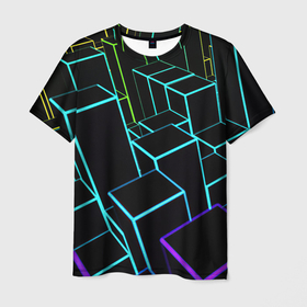 Мужская футболка 3D с принтом Неоновый эквалайзер , 100% полиэфир | прямой крой, круглый вырез горловины, длина до линии бедер | Тематика изображения на принте: арт | музыка | неон | рисунок | эквалайзер