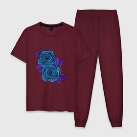Мужская пижама хлопок с принтом Синие розы ночью в Курске, 100% хлопок | брюки и футболка прямого кроя, без карманов, на брюках мягкая резинка на поясе и по низу штанин
 | арт | рисунок | роза | розы | синие розы | синя роза | цветок | цветы