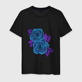 Мужская футболка хлопок с принтом Синие розы ночью в Курске, 100% хлопок | прямой крой, круглый вырез горловины, длина до линии бедер, слегка спущенное плечо. | арт | рисунок | роза | розы | синие розы | синя роза | цветок | цветы