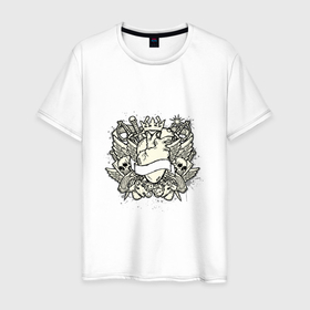Мужская футболка хлопок с принтом Сердце короля в Новосибирске, 100% хлопок | прямой крой, круглый вырез горловины, длина до линии бедер, слегка спущенное плечо. | арт | блеск | игральные кости | корона | крыло | крылья | рисунок | сердце | тату | череп | чёрно белое