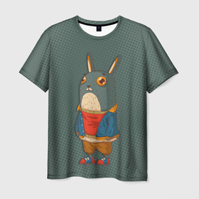 Мужская футболка 3D с принтом Задумчивый кролик в Санкт-Петербурге, 100% полиэфир | прямой крой, круглый вырез горловины, длина до линии бедер | Тематика изображения на принте: длинные уши | животное | зайчик | заяц | кролик | трус