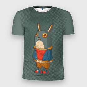 Мужская футболка 3D Slim с принтом Задумчивый кролик в Петрозаводске, 100% полиэстер с улучшенными характеристиками | приталенный силуэт, круглая горловина, широкие плечи, сужается к линии бедра | длинные уши | животное | зайчик | заяц | кролик | трус