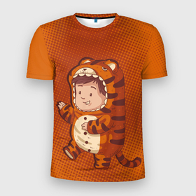 Мужская футболка 3D Slim с принтом Милый тигренок ребенок в Тюмени, 100% полиэстер с улучшенными характеристиками | приталенный силуэт, круглая горловина, широкие плечи, сужается к линии бедра | животное | костюм тигра | ребенок | тигр | тигренок