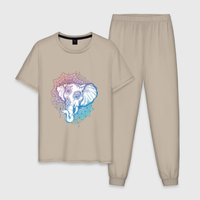 Мужская пижама хлопок с принтом Мандала слон в Курске, 100% хлопок | брюки и футболка прямого кроя, без карманов, на брюках мягкая резинка на поясе и по низу штанин
 | Тематика изображения на принте: арт | вектор | векторный рисунок | рисунок | слон