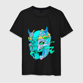Мужская футболка хлопок с принтом Neon skull skeleton demon в Курске, 100% хлопок | прямой крой, круглый вырез горловины, длина до линии бедер, слегка спущенное плечо. | neon skull | skeleton demon | демон | корейский демон | неоновый демон | скелетон | ужастик япония | японский демон
