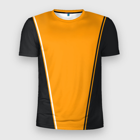 Мужская футболка 3D Slim с принтом Mens Style Чёрное с оранжевым   вариант без надписи в Новосибирске, 100% полиэстер с улучшенными характеристиками | приталенный силуэт, круглая горловина, широкие плечи, сужается к линии бедра | Тематика изображения на принте: геометрия | мужской стиль | оранжевый | симметрия | чёрный