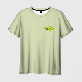 Мужская футболка 3D с принтом Крокодил на фоне салатного цвета crocodile в Кировске, 100% полиэфир | прямой крой, круглый вырез горловины, длина до линии бедер | Тематика изображения на принте: crocodile | for a child | for kids | green color | детский рисунок | дизайн с крокодилом | для детей | зеленый крокодил | зеленый фон | крокодил | принт для ребенка | рисунок крокодила | салатный цвет