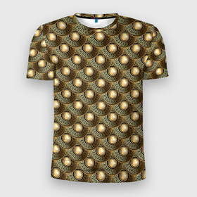 Мужская футболка 3D Slim с принтом Кольчуга из кругов в Новосибирске, 100% полиэстер с улучшенными характеристиками | приталенный силуэт, круглая горловина, широкие плечи, сужается к линии бедра | абстрактные | абстракция | геометрия | классика | классические | нейтральные | спокойные | узор | узоры