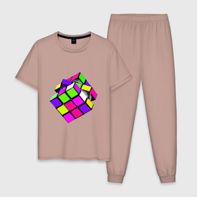 Мужская пижама хлопок с принтом Кубик Рубика маслом , 100% хлопок | брюки и футболка прямого кроя, без карманов, на брюках мягкая резинка на поясе и по низу штанин
 | игра | игрушка | квадрат | кислотный | куб | кубик | кубик рубика | математика | яркий | ярко