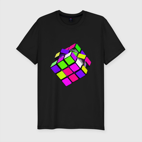 Мужская футболка хлопок Slim с принтом Кубик Рубика маслом в Курске, 92% хлопок, 8% лайкра | приталенный силуэт, круглый вырез ворота, длина до линии бедра, короткий рукав | игра | игрушка | квадрат | кислотный | куб | кубик | кубик рубика | математика | яркий | ярко